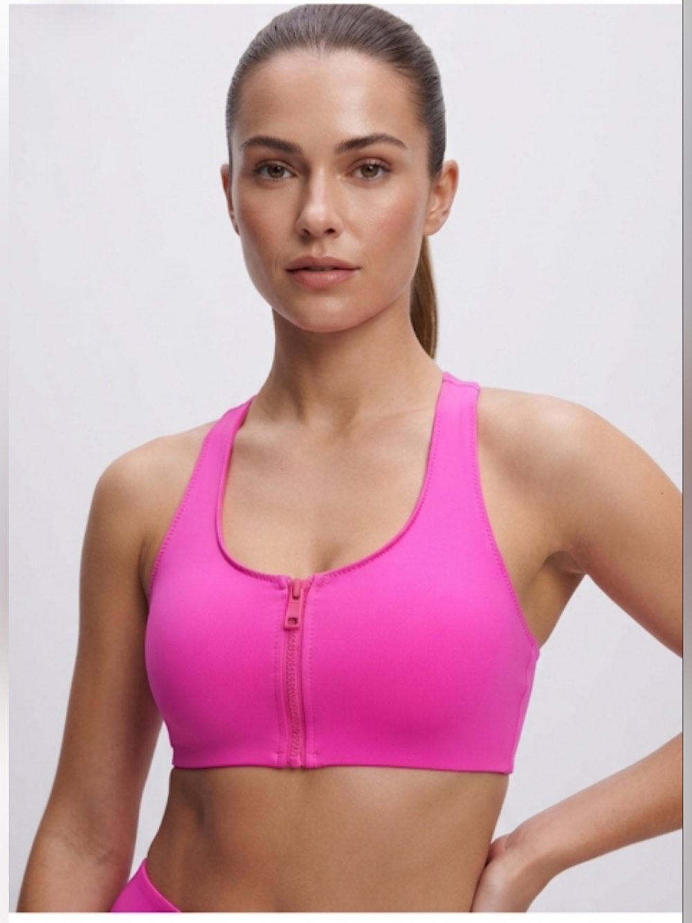 NWT Good American Compression Zip-Up Sports Bra in Fuchsia Pink001 LARGE